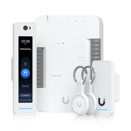 Ubiquiti UniFi Access G2 Starter Kit Pro NDAA compliant components including Access Door Hub, G2 Pro Reader, G2 Reader, and Pocket Key Fobs