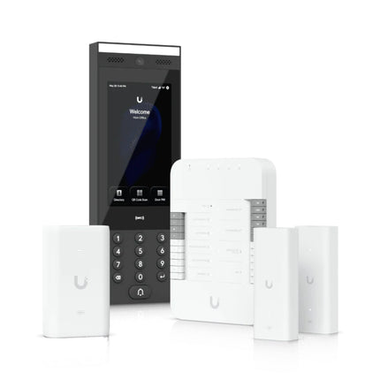 Complete package overview of the Ubiquiti UniFi Access G3 Gate Starter Kit displaying the central Gate Hub, the large 7-inch G3 Intercom touchscreen terminal, a high-power PoE++ adapter, and two 2-Wire Retrofit PoE Extenders.