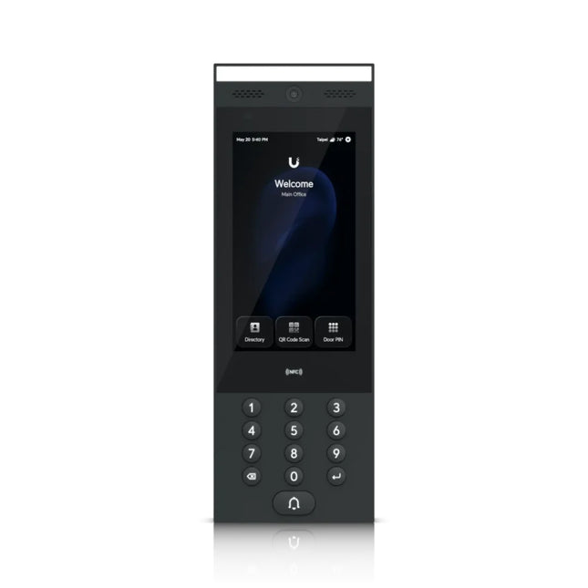 Front view of the premium Ubiquiti UniFi Access G3 Intercom terminal showing its large 7-inch touchscreen display, integrated HD camera, and sleek aluminum alloy housing.