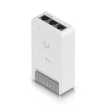 Front view of the minimalist white Ubiquiti UniFi Access G3 Reader from the kit, showcasing its modern flush-mount profile and contactless NFC card proximity sensor.