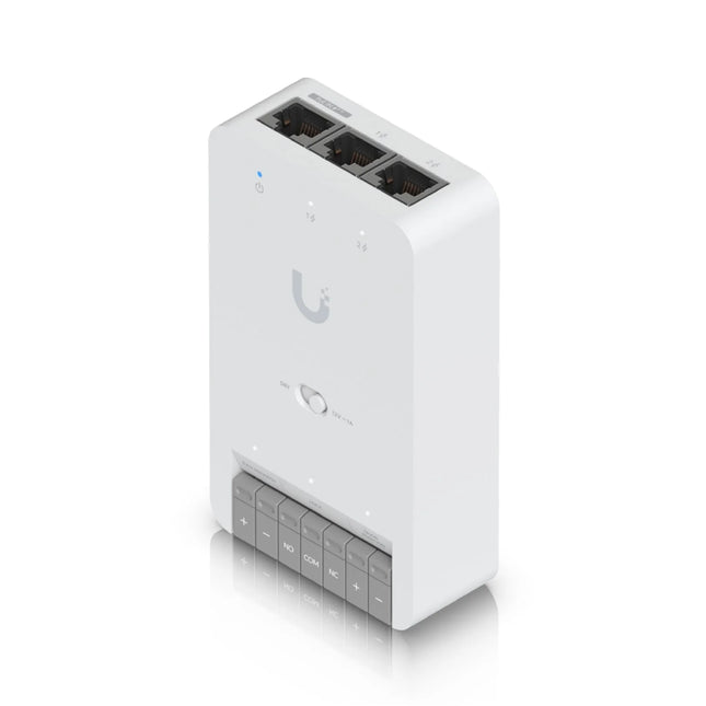 Front view of the minimalist white Ubiquiti UniFi Access G3 Reader from the kit, showcasing its modern flush-mount profile and contactless NFC card proximity sensor.