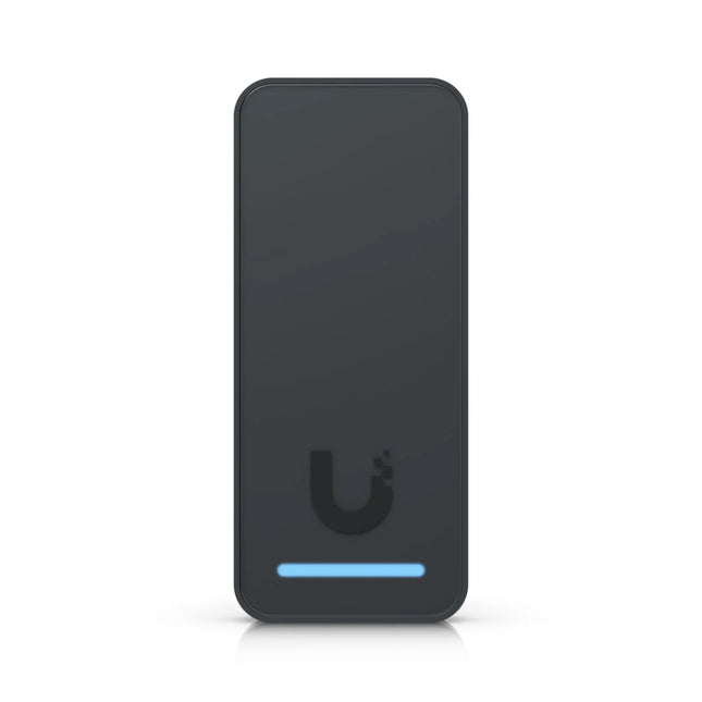 Front view of the minimalist white Ubiquiti UniFi Access G3 Reader showcasing its sleek profile, integrated proximity reader icon, and circular LED status indicator.
