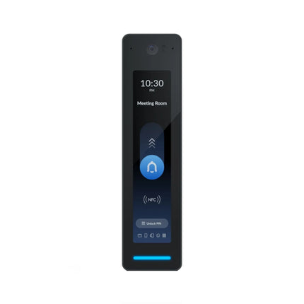 Front view of the premium black Ubiquiti UniFi Access G3 Reader Pro showing its integrated digital touchscreen display and active NFC contactless card reader icon.