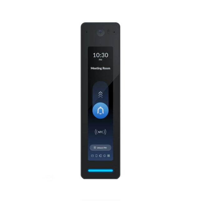 Front view of the premium black Ubiquiti UniFi Access G3 Reader Pro showing its integrated digital touchscreen display and active NFC contactless card reader icon.
