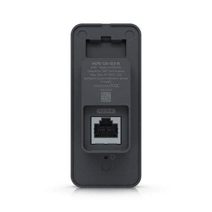 Side profile of the compact UniFi UA-G3-Reader flush-mounted on a modern office wall, highlighting its slim form factor and PoE network connectivity design.