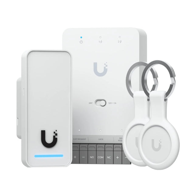 Complete product bundle overview of the Ubiquiti UniFi Access G3 Starter Kit displaying the main UniFi Access Hub, two Access G3 readers, and a pack of encrypted UniFi access cards.