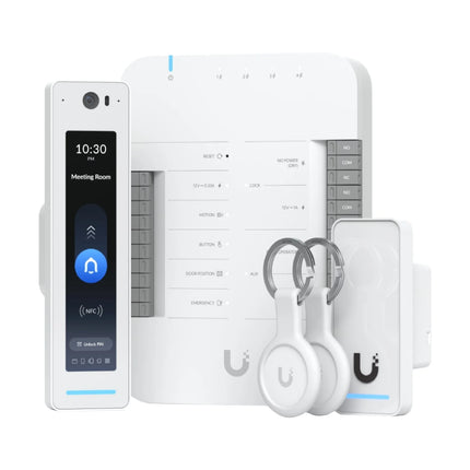 Complete retail kit overview of the Ubiquiti UniFi Access G3 Starter Kit Pro, including the UniFi Access Hub, G3 Reader Pro with touchscreen display, compact G3 Reader, and two encrypted pocket keyfobs against a clean background.
