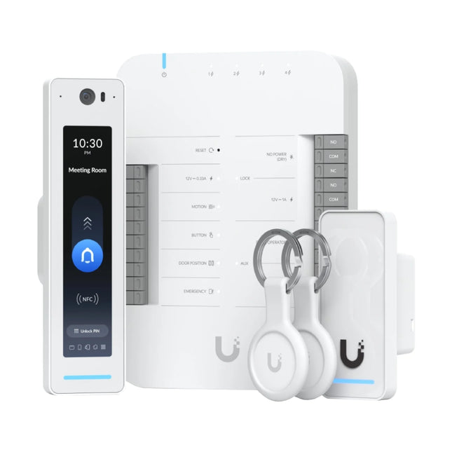 Complete retail kit overview of the Ubiquiti UniFi Access G3 Starter Kit Pro, including the UniFi Access Hub, G3 Reader Pro with touchscreen display, compact G3 Reader, and two encrypted pocket keyfobs against a clean background.