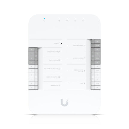 Front view of the white Ubiquiti UniFi Access Gate Hub (UA-Hub-Gate) single-gate and side-door controller mechanism encased in a compact polycarbonate housing.