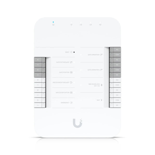 Front view of the white Ubiquiti UniFi Access Gate Hub (UA-Hub-Gate) single-gate and side-door controller mechanism encased in a compact polycarbonate housing.