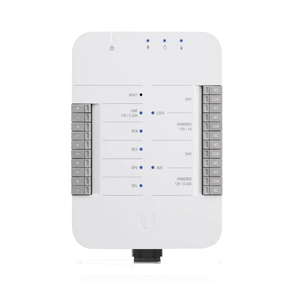 Front view of the white Ubiquiti UniFi Access Door Hub (UA-Hub-Door) compact single-door access control mechanism with its status LED light indicator.