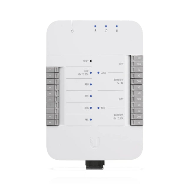 Front view of the white Ubiquiti UniFi Access Door Hub (UA-Hub-Door) compact single-door access control mechanism with its status LED light indicator.