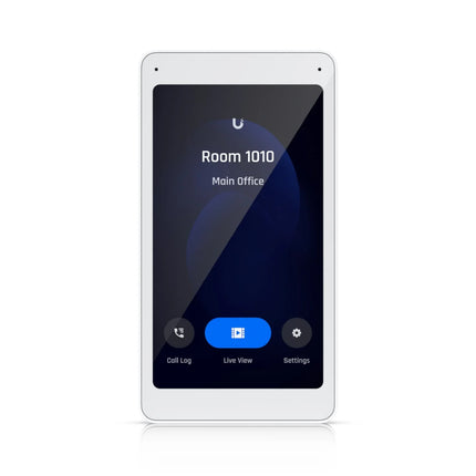 Front profile view of the Ubiquiti UniFi Access Intercom Viewer display monitor, featuring its 5-inch premium glass and polycarbonate portrait touchscreen interface.