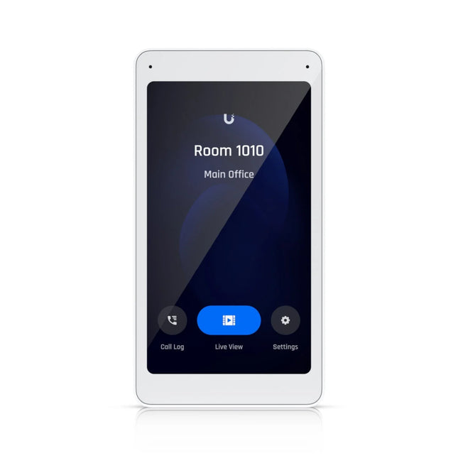 Front profile view of the Ubiquiti UniFi Access Intercom Viewer display monitor, featuring its 5-inch premium glass and polycarbonate portrait touchscreen interface.