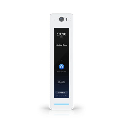 Front view of the premium white Ubiquiti UniFi Access Reader G2 Professional (UA-G2-Pro) showcasing its sleek touchscreen display, integrated card scanner icon, and clean industrial design.