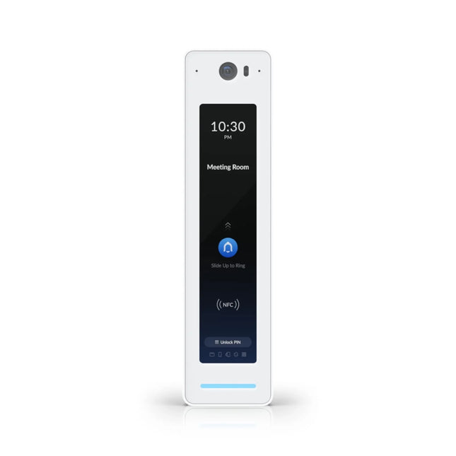 Front view of the premium white Ubiquiti UniFi Access Reader G2 Professional (UA-G2-Pro) showcasing its sleek touchscreen display, integrated card scanner icon, and clean industrial design.