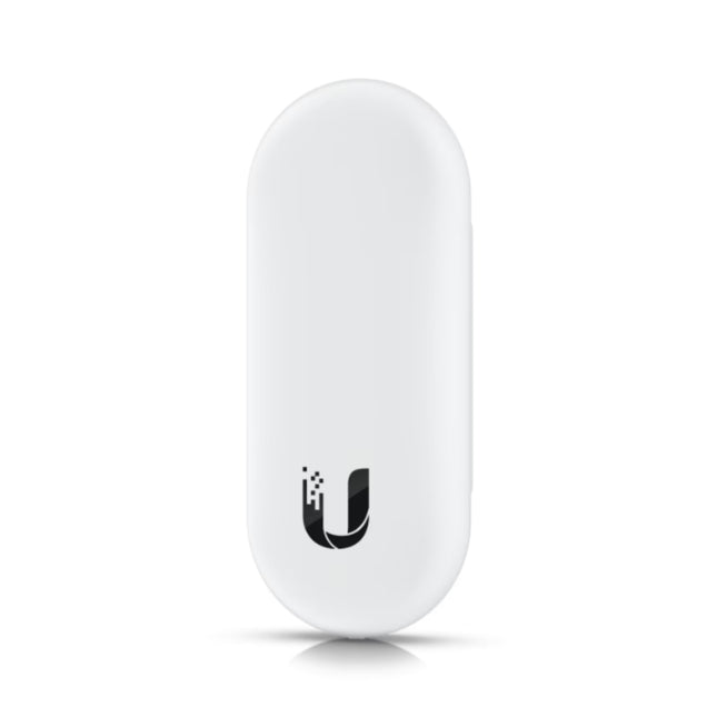 Close-up of a user tapping an encrypted smart card against the UniFi Access Reader Lite to unlock a commercial door, demonstrating its fast contactless credential entry.