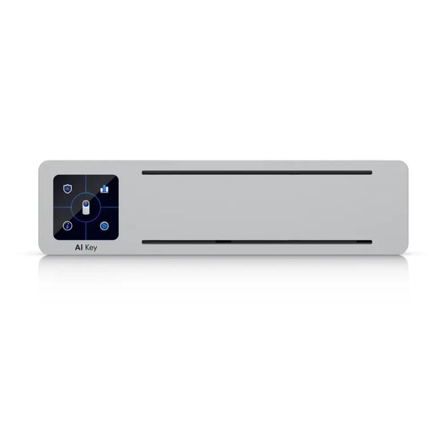 Ubiquiti UniFi AI Key front profile showcasing the compact aluminum alloy housing and 1.3-inch touchscreen display.