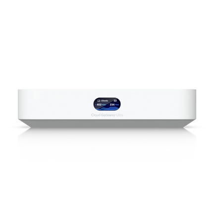 Ubiquiti UniFi Cloud Gateway Ultra UCG-Ultra compact security gateway, front view with 0.96" status display