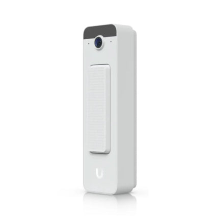 Front profile of the compact Ubiquiti UniFi Doorbell Lite PoE video doorbell in white, showing its minimalist design, central ring button, and upper camera lens.