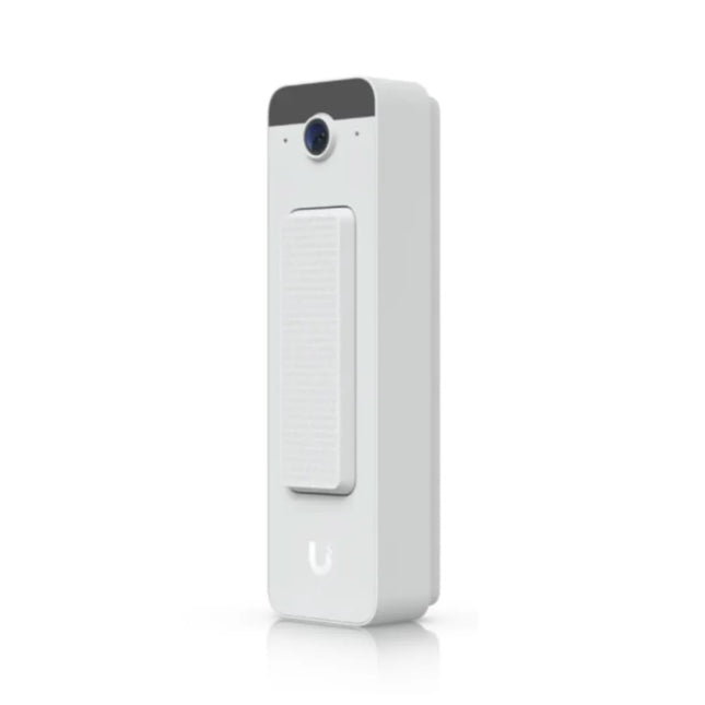 Front profile of the compact Ubiquiti UniFi Doorbell Lite PoE video doorbell in white, showing its minimalist design, central ring button, and upper camera lens.