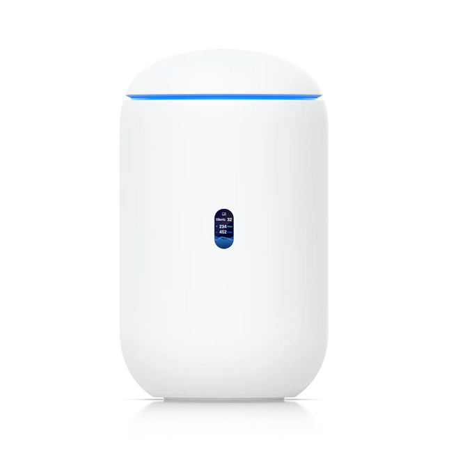 Ubiquiti UniFi Dream Router 7 UDR7 WiFi 7 all-in-one cloud gateway and NVR, front view with 0.96" display