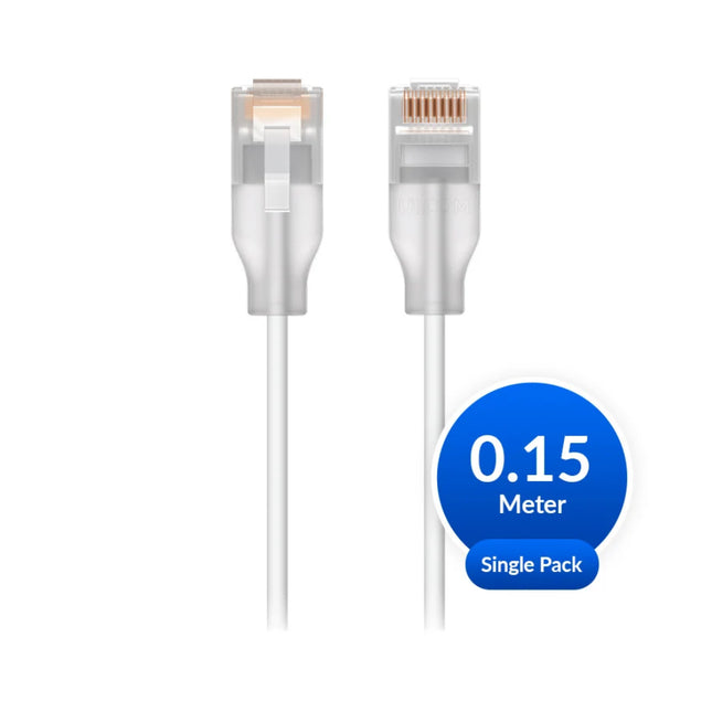 Ubiquiti UniFi Etherlighting 0-15m single pack short indoor Cat6 patch cable with translucent light-passing boot in white.