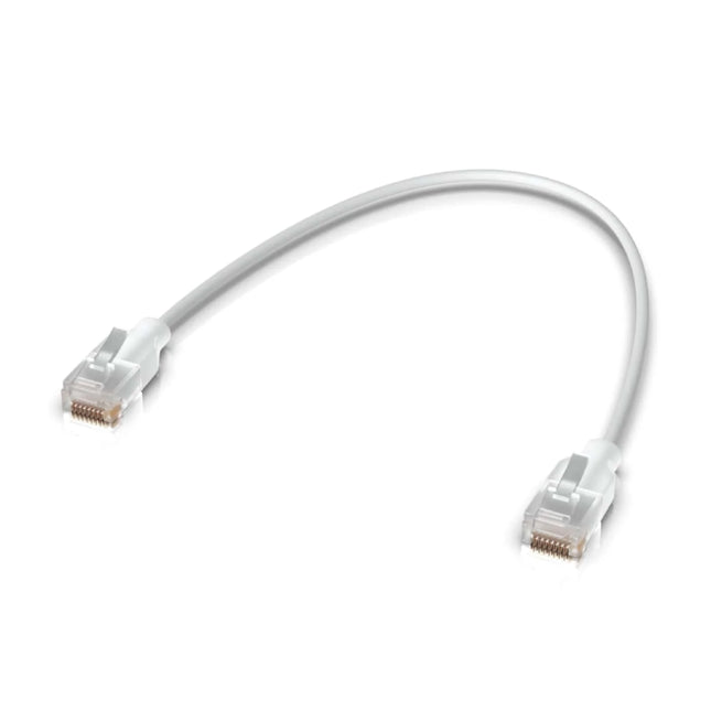 Ubiquiti UniFi Etherlighting 0-15m short indoor Cat6 patch cable with translucent light-passing boot in white.
