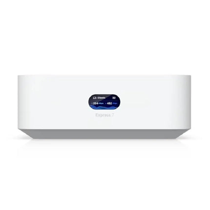 Ubiquiti UX7 UniFi Express 7 Cloud Gateway front view displaying its compact 0.96-inch LCM status display