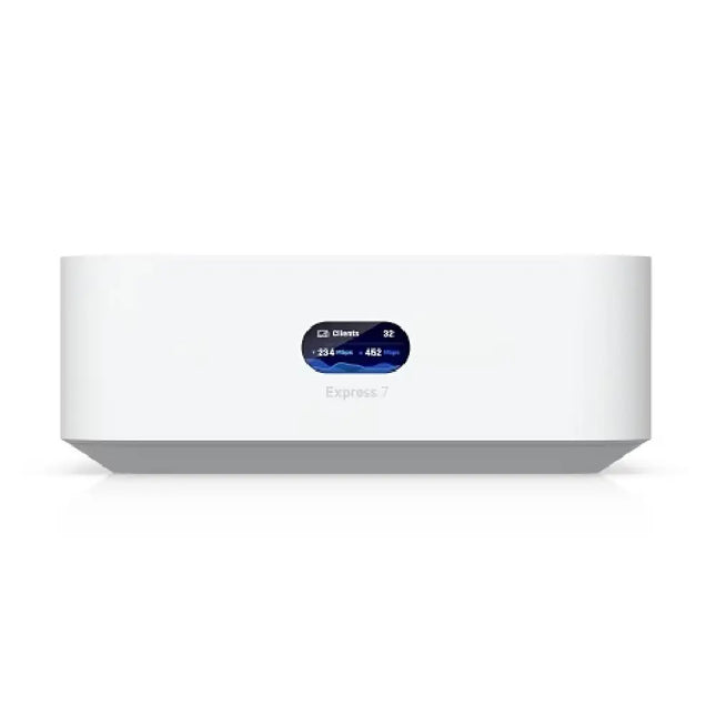 Ubiquiti UX7 UniFi Express 7 Cloud Gateway front view displaying its compact 0.96-inch LCM status display
