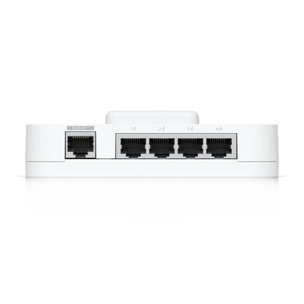 Rear profile view of the Ubiquiti UniFi Access Gate Hub snapped onto a standard DIN rail mount plate for secure deployment inside a perimeter gate control enclosure.