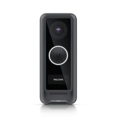 Front view of the Ubiquiti UniFi Protect G4 video doorbell fitted with the matte black custom polycarbonate skin cover for a seamless dark background blend.