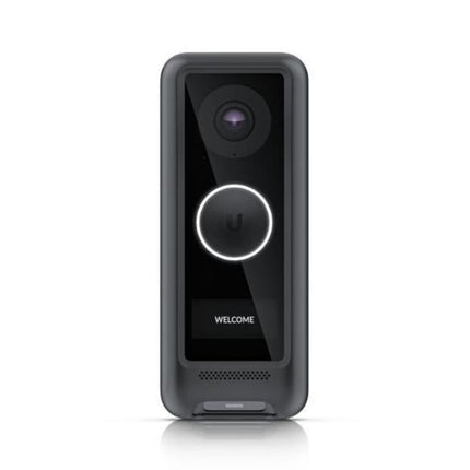 Front view of the Ubiquiti UniFi Protect G4 video doorbell fitted with the matte black custom polycarbonate skin cover for a seamless dark background blend.