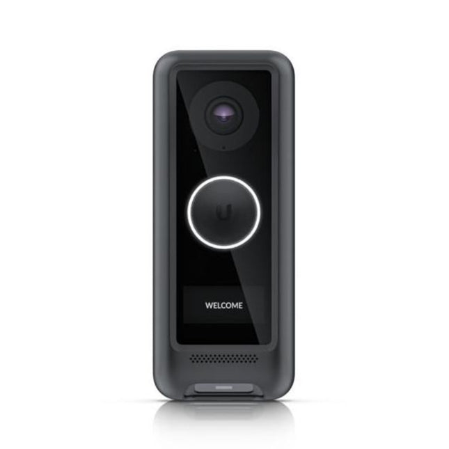 Front view of the Ubiquiti UniFi Protect G4 video doorbell fitted with the matte black custom polycarbonate skin cover for a seamless dark background blend.