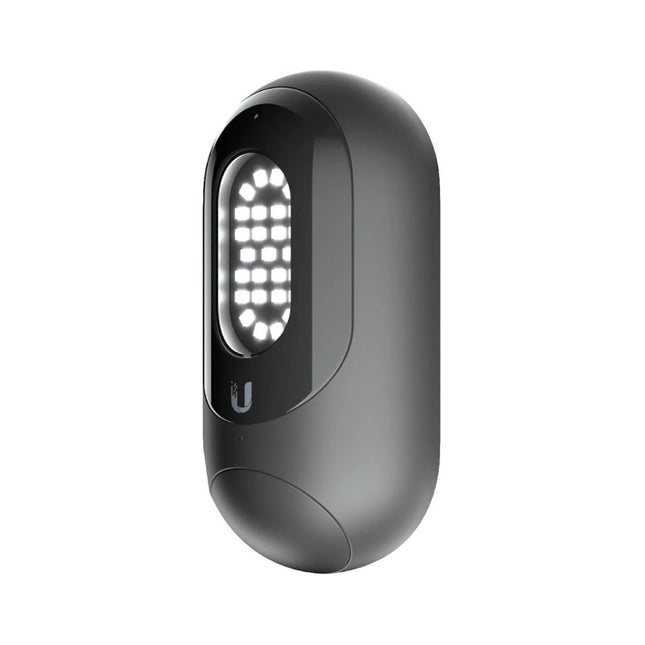 Front view of the compact, white Ubiquiti UniFi Protect Smart Flood Light UP-FloodLight showcasing its 550-lumen LED panel and integrated motion sensor.