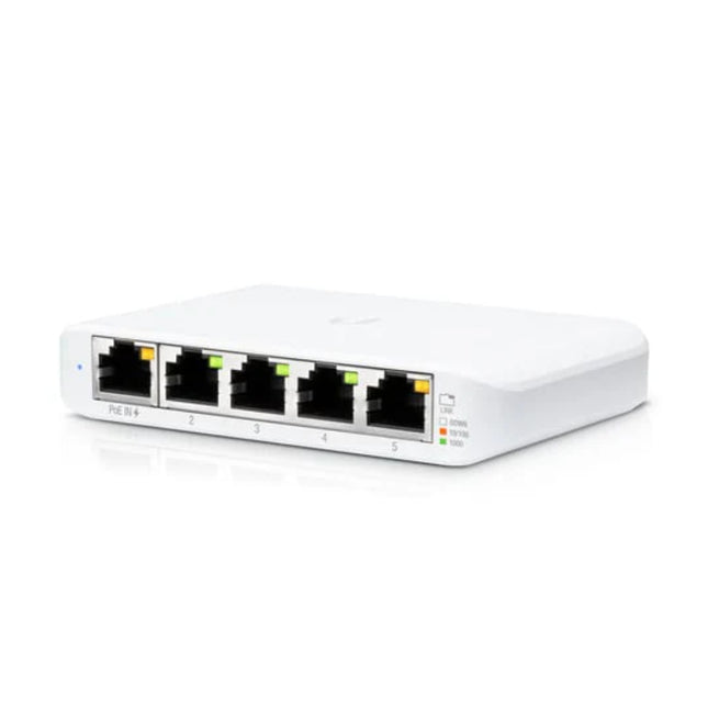 Front perspective of the Ubiquiti UniFi Switch Flex Mini, displaying the sleek white 5-port managed Layer 2 gigabit Ethernet interface with active link lights.