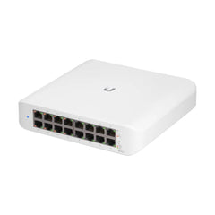 Front perspective of the Ubiquiti UniFi Switch Lite 16 PoE managed Layer 2 switch, featuring a sleek, minimalist white housing with 16 Gigabit RJ45 network ports.