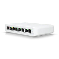 Front perspective of the Ubiquiti UniFi Switch Lite 8 PoE showing its sleek white minimalist chassis, featuring 8 gigabit RJ45 ports with LED status links.