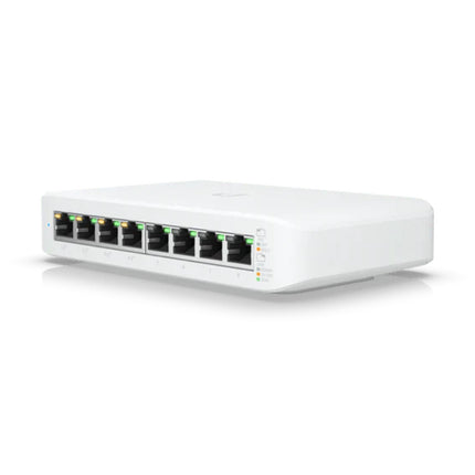 Front perspective of the Ubiquiti UniFi Switch Lite 8 PoE showing its sleek white minimalist chassis, featuring 8 gigabit RJ45 ports with LED status links.