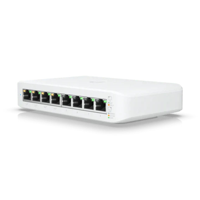 Front perspective of the Ubiquiti UniFi Switch Lite 8 PoE showing its sleek white minimalist chassis, featuring 8 gigabit RJ45 ports with LED status links.