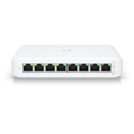 The included custom click-in wall mounting bracket accessory paired with the underside layout of the fanless UniFi Switch Lite 8 PoE.