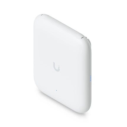 Side-angle view of the white Ubiquiti UniFi U7 Outdoor Wi-Fi 7 access point pole-mounted with its twin external omnidirectional antennas installed.