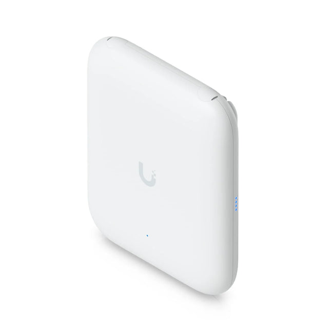 Side-angle view of the white Ubiquiti UniFi U7 Outdoor Wi-Fi 7 access point pole-mounted with its twin external omnidirectional antennas installed.