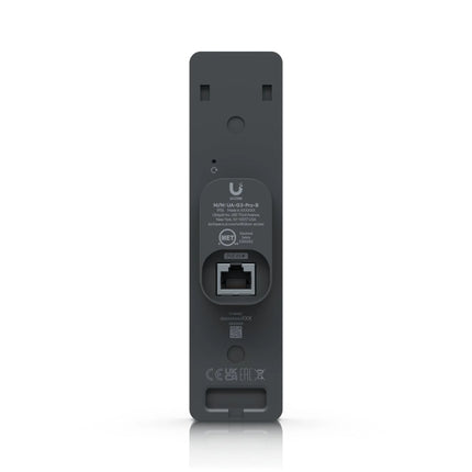 Rear view of the Ubiquiti UniFi Access G3 Reader Pro displaying the secure mounting bracket mechanism and the Power over Ethernet PoE RJ45 network port connection.