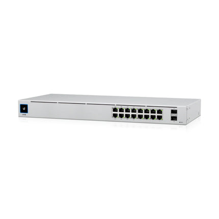 Front view of the Ubiquiti UniFi USW-16-POE Gen2 switch showcasing 8 auto-sensing 802.3at PoE+ ports, 8 standard Gigabit Ethernet ports, 2 1G SFP fiber uplink slots, and the status display screen.