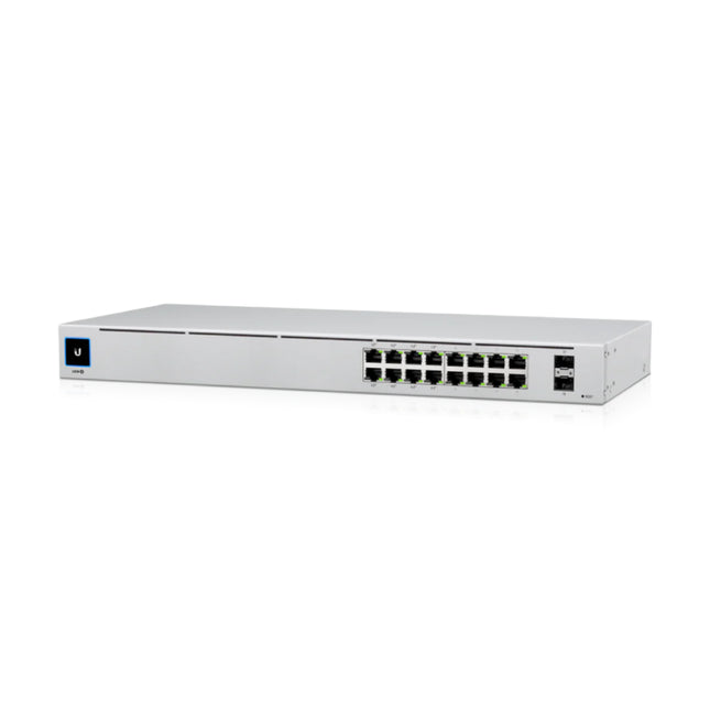 Front view of the Ubiquiti UniFi USW-16-POE Gen2 switch showcasing 8 auto-sensing 802.3at PoE+ ports, 8 standard Gigabit Ethernet ports, 2 1G SFP fiber uplink slots, and the status display screen.