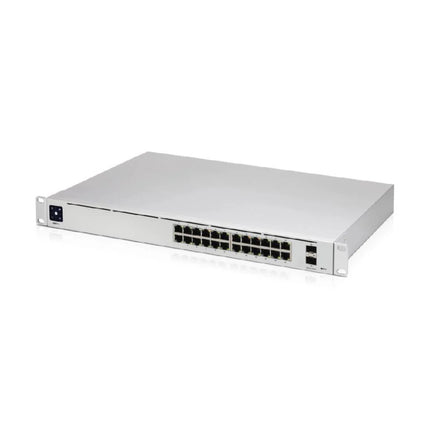 Front interface of the Ubiquiti UniFi USW-24-POE Gen2 switch showing 16 auto-sensing 802.3at PoE+ ports, 8 standard Gigabit Ethernet ports, 2 1G SFP fiber uplink slots, and the status touchscreen display.