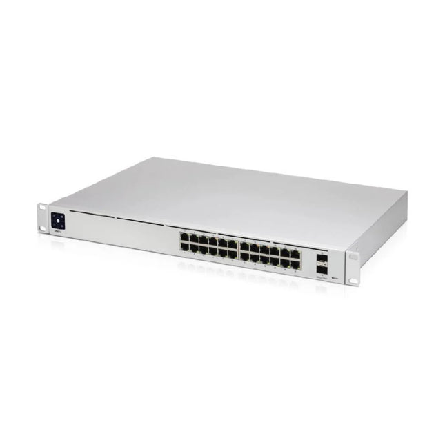 Front interface of the Ubiquiti UniFi USW-24-POE Gen2 switch showing 16 auto-sensing 802.3at PoE+ ports, 8 standard Gigabit Ethernet ports, 2 1G SFP fiber uplink slots, and the status touchscreen display.