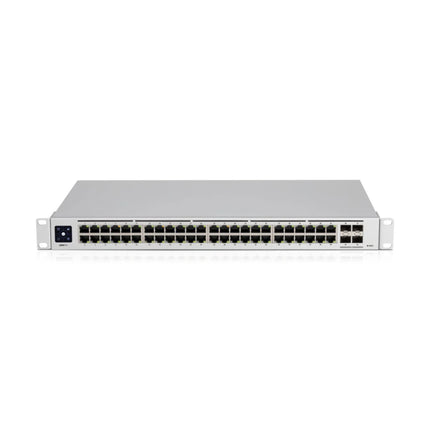 Isometric view of the silver Ubiquiti UniFi USW-48 48-port managed gigabit rackmount switch showing its premium metal enclosure.