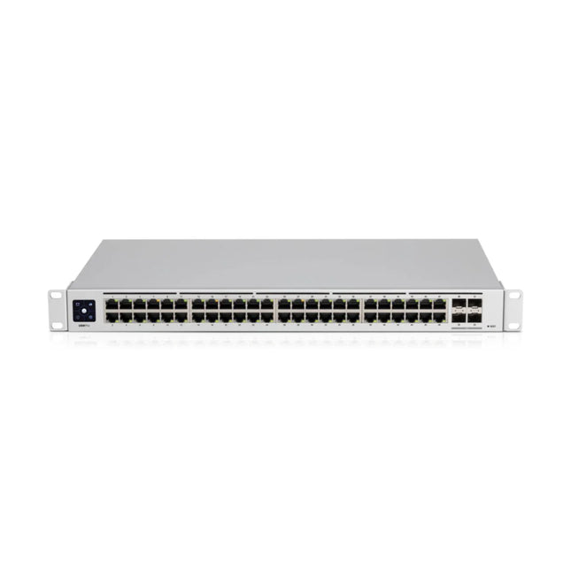 Isometric view of the silver Ubiquiti UniFi USW-48 48-port managed gigabit rackmount switch showing its premium metal enclosure.